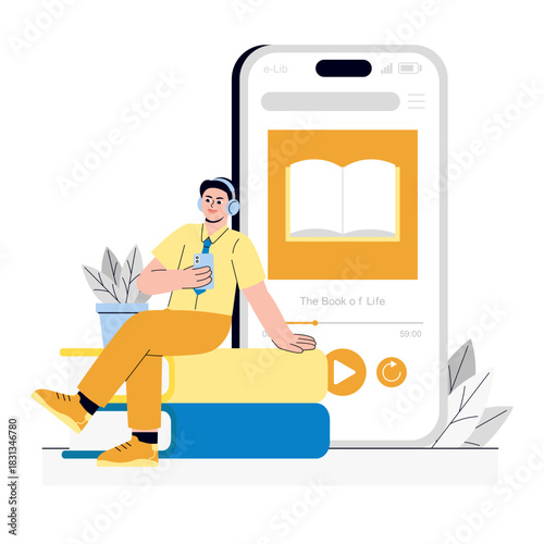 Boy listening online audiobook Illustration
