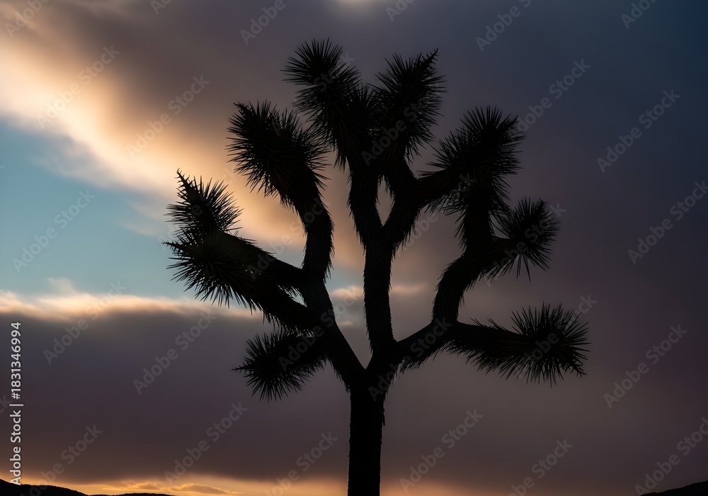 Obraz premium Silhouette of a Joshua Tree against a Dramatic Sunset Sky in Joshua Tree National Park Creating a Striking Desert Landscape with Moody Colors and Unique Flora