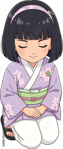 Serene anime girl in a lavender floral kimono and white hakama kneeling politely with her eyes closed.