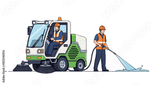 Flat vector illustration of city sanitation workers operating a small road sweeping machine