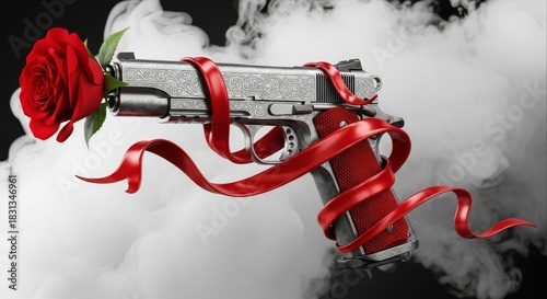 Gun with Rose and Ribbon in Smoky Setting - A Symbolic Contrast.