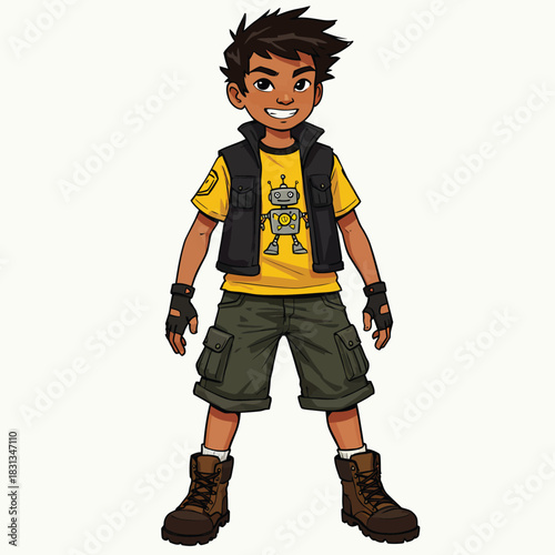 Smiling cartoon boy adventurer with spiky hair wearing a robot tshirt vest and boots.