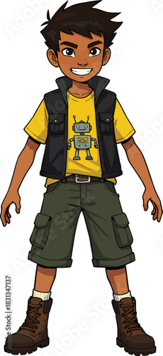 Smiling cartoon boy in adventure gear wearing a yellow robot tshirt and black vest.