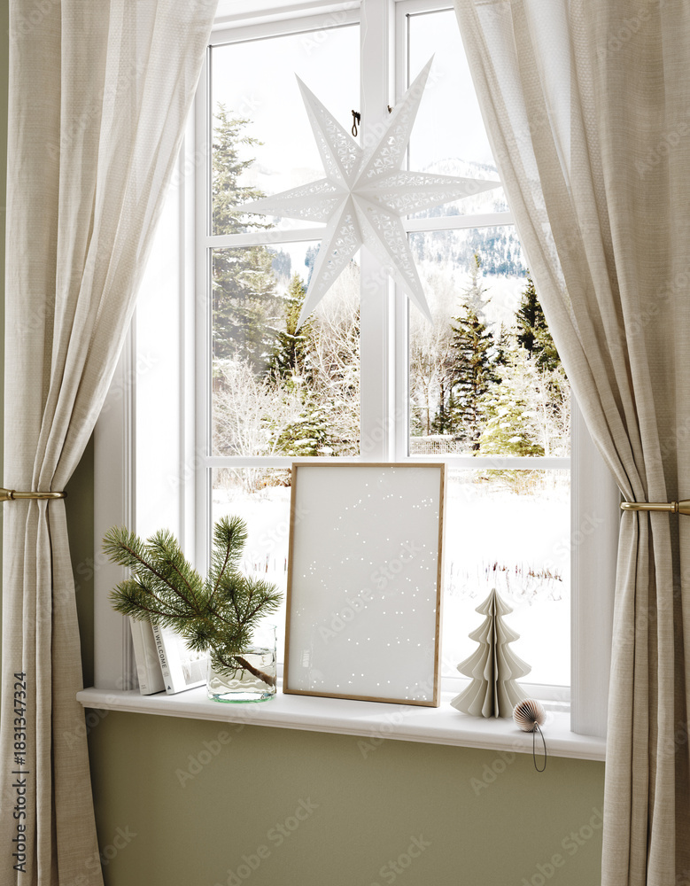 Obraz premium Festive poster frame mockup, cozy green nursery decorated for Christmas, 3d render