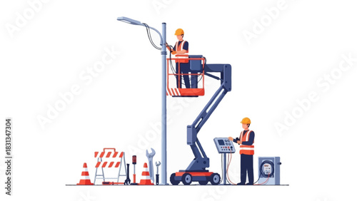 Flat vector illustration of road maintenance workers installing a new streetlight