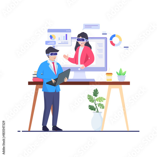 Virtual reality meeting collaboration and teamwork in the office.