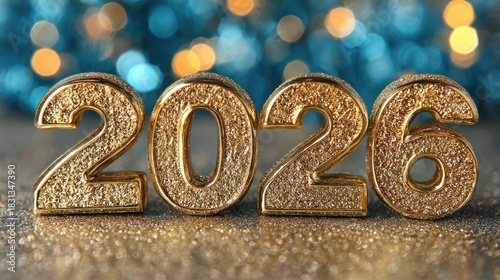 Sparkling golden numerals spelling out the year 2026, set against a shimmering bokeh background
