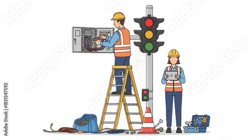 Flat illustration of technicians repairing a traffic light system