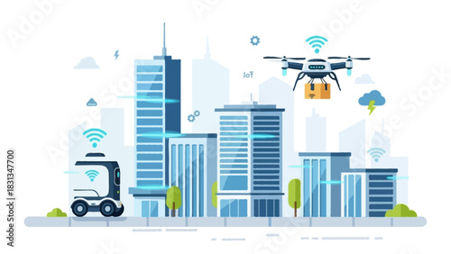 Flat vector scene of a smart city autonomous delivery system