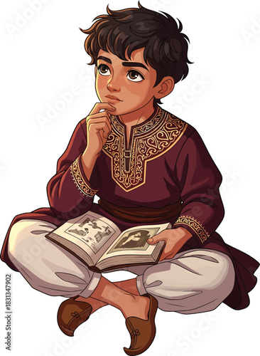Thoughtful young boy in a traditional maroon tunic with gold embroidery sitting crosslegged with a book.