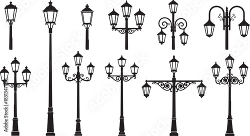 Assortment of Black Silhouette Street Lamp Posts with Multiple Lights street lamps lampposts