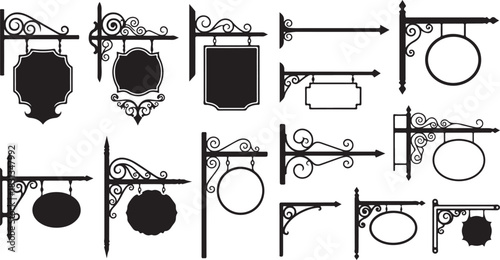 Assortment of Black Silhouettes of Hanging Shop Signs with Decorative Wrought Iron Brackets