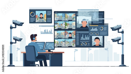 Flat vector smart city security monitoring scene