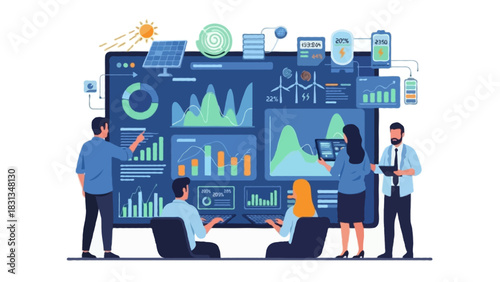 Flat vector illustration of engineers monitoring a smart energy grid