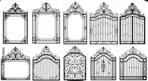 Collection of decorative wrought iron gate designs in black silhouette on white entrance