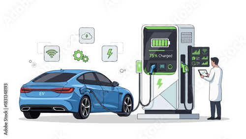 Flat vector scene of an electric vehicle charging at a smart charging station