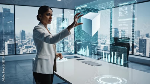 Businesswoman Interacting With Futuristic Holographic Display in Modern Office.