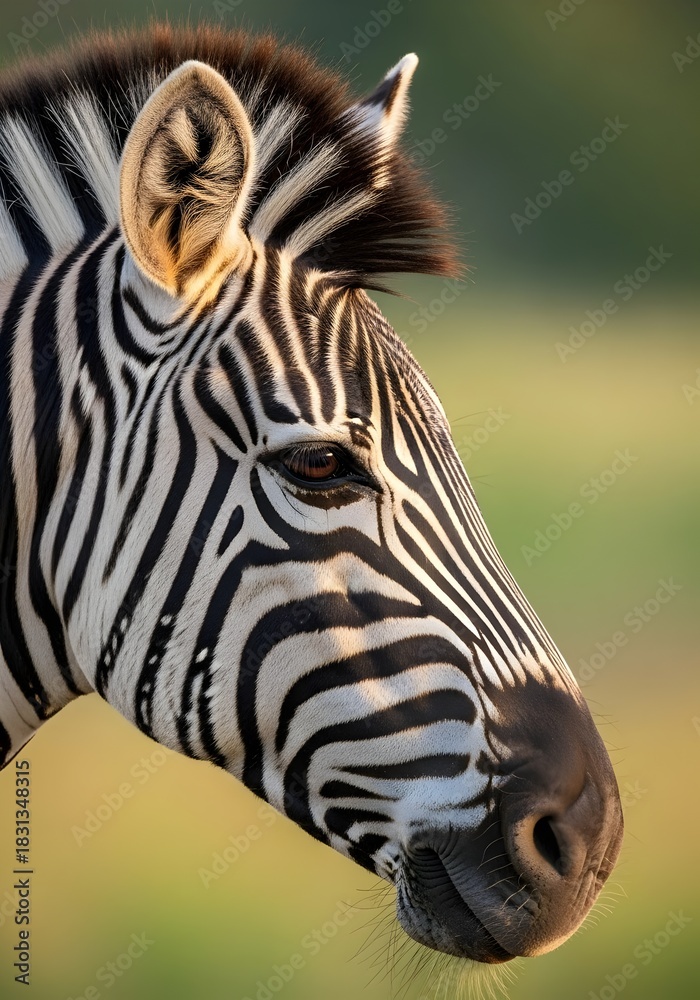 Naklejka premium Striking Zebra Portrait Capturing the Beauty of African Wildlife with Detailed Stripes and Gentle Expression in Natural Habitat