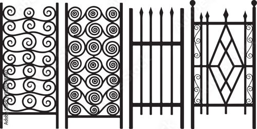 Four distinct black wrought iron gate panels with varied decorative patterns and styles