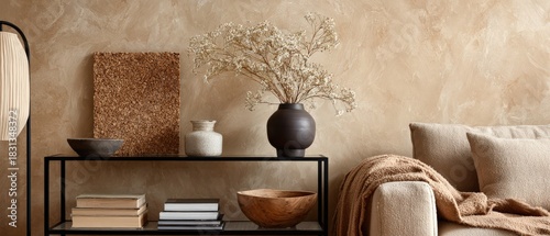 Wabi-sabi living room vignette with beige plaster wall and open shelving