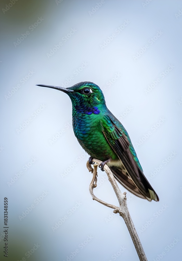 Fototapeta premium Vibrant Emerald Hummingbird Perched Delicately on Branch Captivating Display of Natures Beauty Close Up Shot with Detailed Plumage