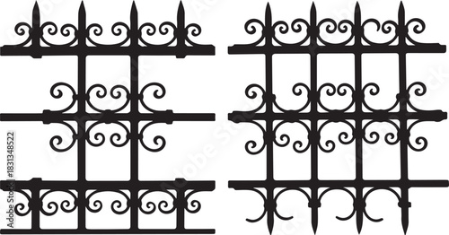 Two ornate black wrought iron fence sections with decorative scrollwork on a white background