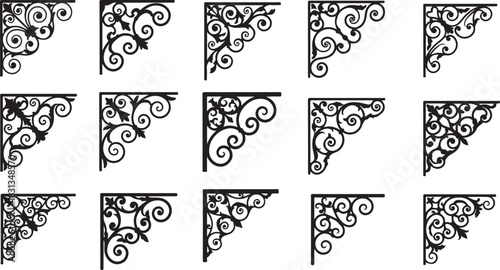 Variety of decorative black wrought iron corner brace designs in silhouette bracket support