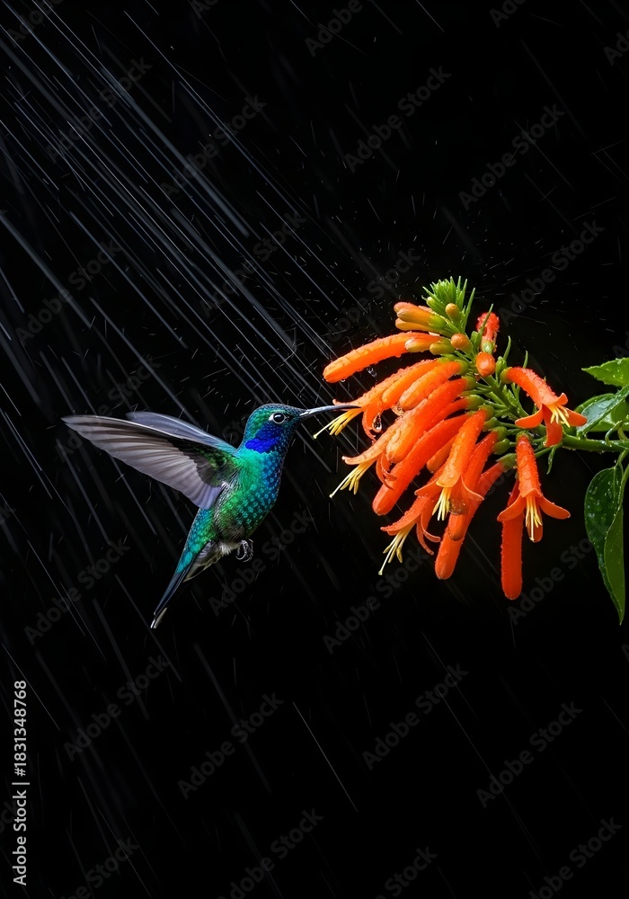 Obraz premium Vibrant Hummingbird Sipping Nectar from Orange Flowers Under a Shower of Rain Against a Dark Mysterious Background Showcasing Natures Resilience and Beauty