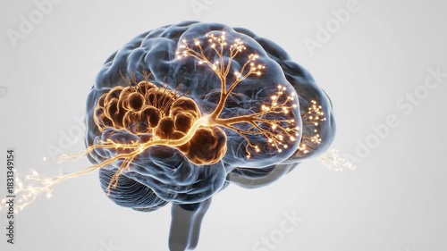 Animated 3D brain model highlighting dopaminergic neurons in the substantia nigra with light-up activity