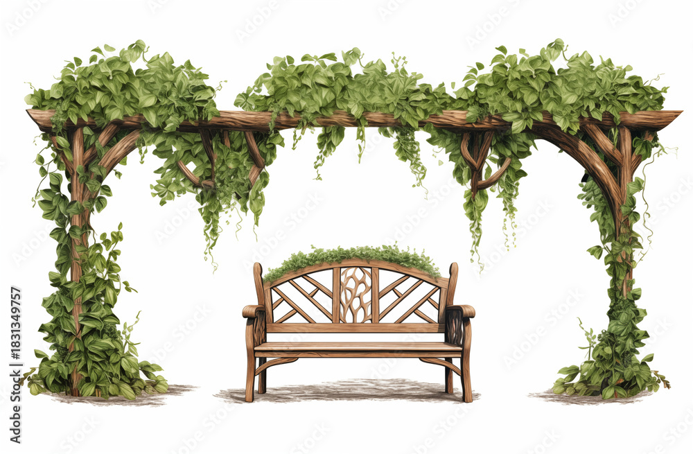 Obraz premium Rustic Pergola & Garden Bench with Green Vines