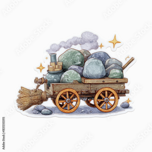 Whimsical Wagon with Stones, Broom, and Magical Elements