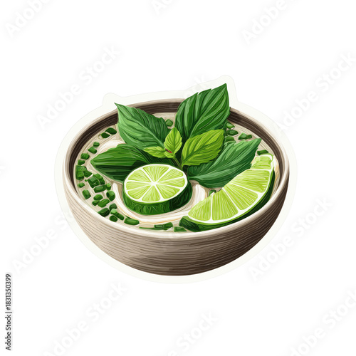 Bowl of noodles with fresh basil and lime slices