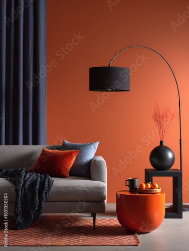 Modern living room with burnt orange wall, grey sofa and blue accents