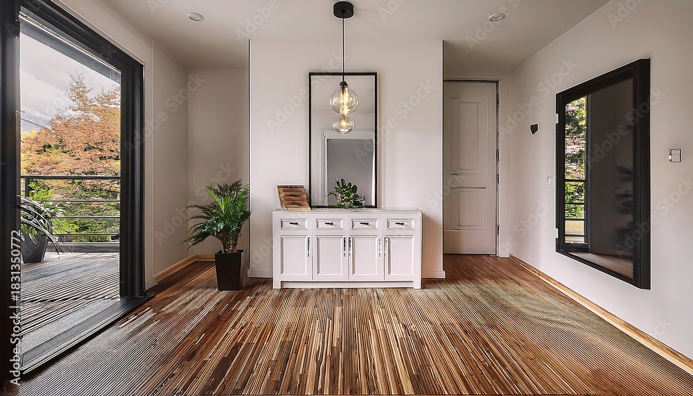 Obraz premium A serene walk-in closet with matte beige cabinetry and hidden LED strip lighting