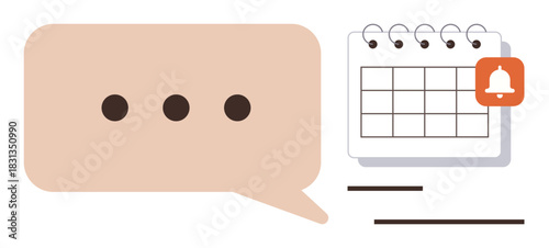 Speech bubble with ellipsis next to a calendar and notification icon. Ideal for communication, planning, scheduling, reminders, organization, productivity, teamwork. Simple flat metaphor