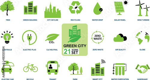 Green City and Sustainable Ecology Icon Set featuring Renewable Energy, Recycling, Zero Waste, and Electric Vehicle symbols for Environmental Infographics, Climate Change Reports, and Eco-Friendly App