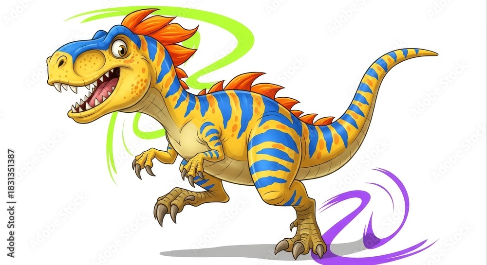 Naklejka premium Cartoon Dinosaur with Colorful Stripes and a Fierce Expression.