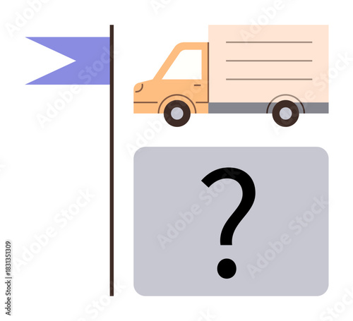 Delivery truck beside a flag and a question mark block, expressing confusion or delay in reaching a goal. Ideal for logistics, decision-making, transportation, supply chain, problem solving