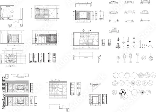 Interior Design Construction Drawing Set with Built-in Cabinets, TV Cabinet, Display Cabinet, Section Views, Bed Headboard Accessories, Lamp, and Decorative Plants