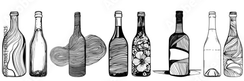 Wine Bottles Line Art Set, Hand Drawn Decorative Bottles, Floral Abstract Engraving, Vintage Sketch Vector Clipart