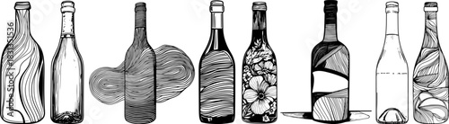 Wine Bottles Line Art Set, Hand Drawn Decorative Bottles, Floral Abstract Engraving, Vintage Sketch Vector Clipart