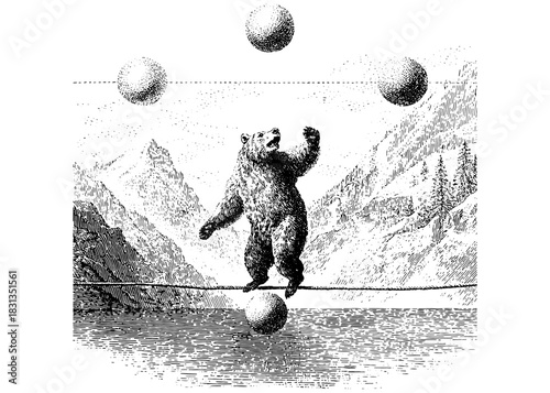 Vintage Circus Bear Juggling Engraving, Retro Animal Etching, Balancing Bear on Rope in Mountain Landscape, Vector Clipart