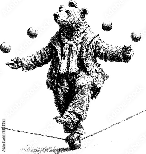 Vintage Engraved Bear Juggler on Tightrope — Retro Circus Animal Illustration, Classic Etching Vector Clipart
