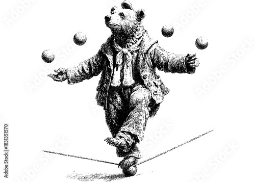 Vintage Engraved Bear Juggler on Tightrope — Retro Circus Animal Illustration, Classic Etching Vector Clipart