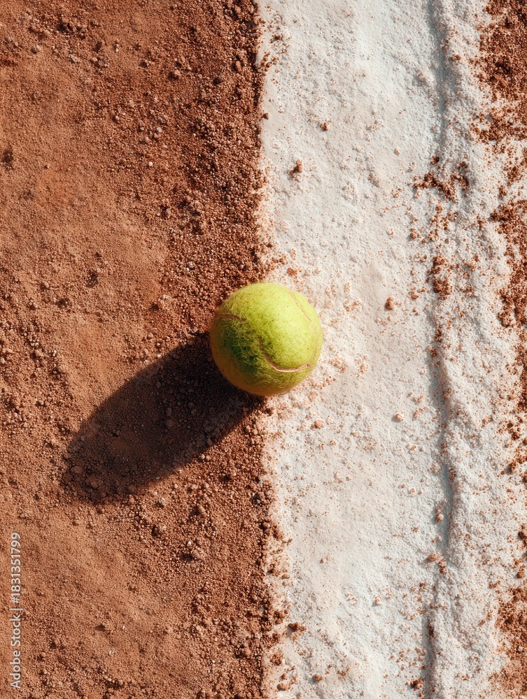 Naklejka premium Minimalist tennis photograph of yellow ball on clay court line