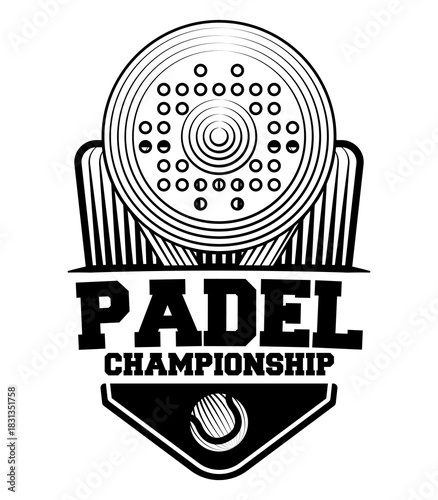 Vector illustration of padel sport championship logo featuring racket paddle and ball vintage engraving tournament badge or club team emblem