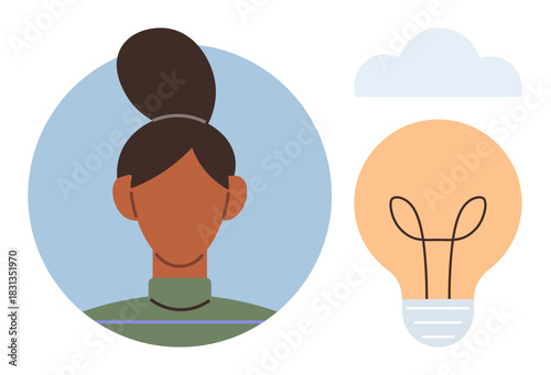 Womans profile with a bun hairstyle in a blue circle next to a light bulb and cloud. Ideal for creativity, brainstorming, innovation, individuality, self-expression, problem-solving, simple flat