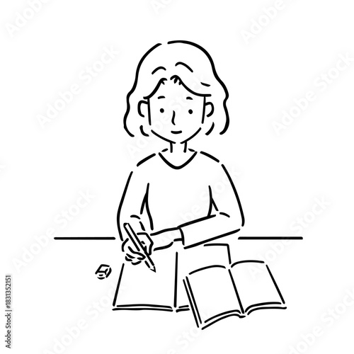 ノートとテキストを広げて勉強をしている若い女性・線画