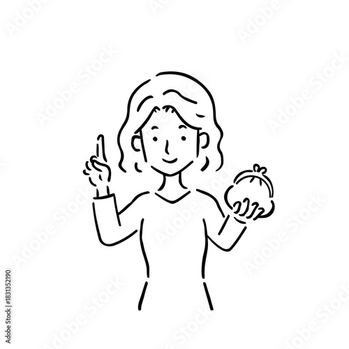 がま口財布を持って人差し指を立てている若い女性・線画