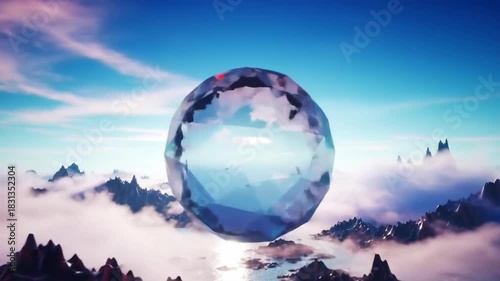 Floating faceted gemstone crystal above mountain peaks in cloudy sky